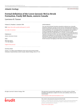Formal Definition of the Lower Jurassic Mccoy Brook Formation, Fundy Rift Basin, Eastern Canada Lawrence H