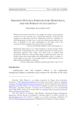 Immanent Politics, Participatory Democracy, and the Pursuit of Eudaimonia
