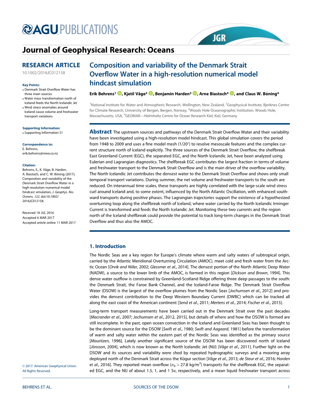 Composition and Variability of the Denmark Strait 10.1002/2016JC012158 Overflow Water in a High-Resolution Numerical Model