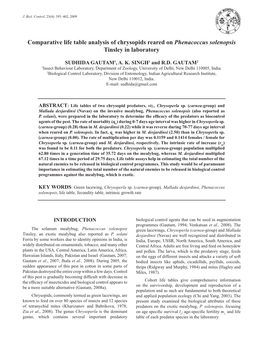 Comparative Life Table Analysis of Chrysopids Reared on Phenacoccus Solenopsis Tinsley in Laboratory