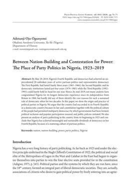 The Place of Party Politics in Nigeria, 1923–2019