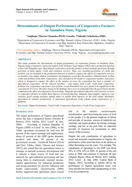 Determinants of Output Performance of Cooperative Farmers in Anambra State, Nigeria