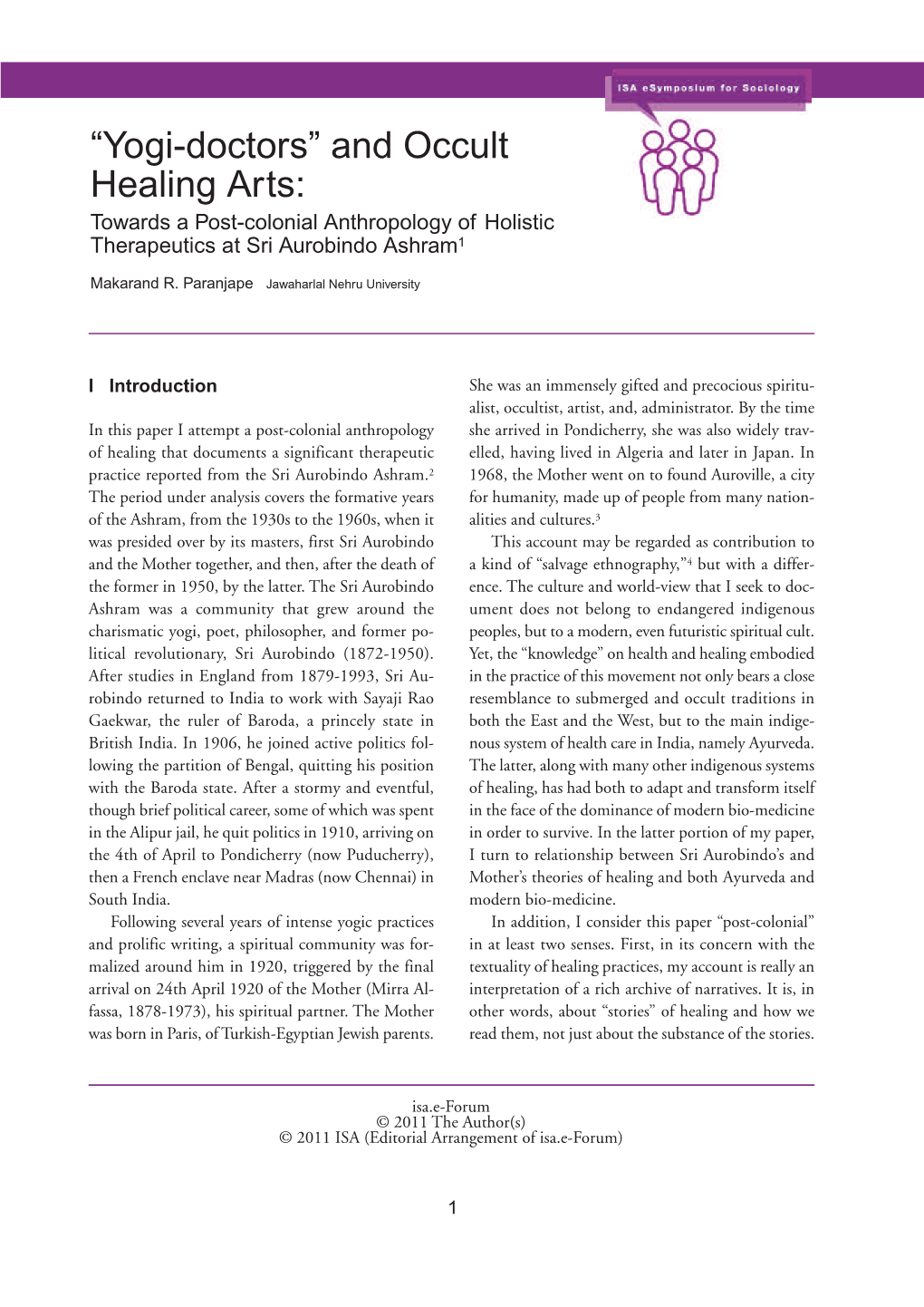 “Yogi-Doctors” and Occult Healing Arts: Towards a Post-Colonial Anthropology of Holistic Therapeutics at Sri Aurobindo Ashram 1