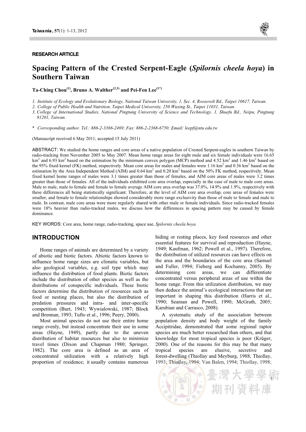 Spacing Pattern of the Crested Serpent-Eagle (Spilornis Cheela Hoya) in Southern Taiwan