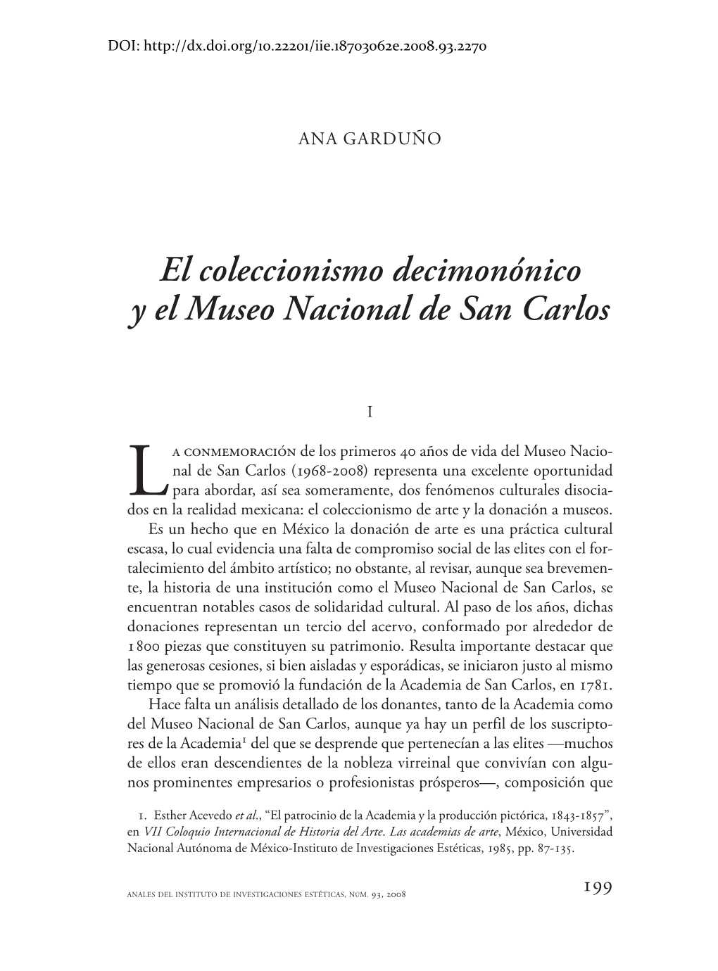 El Coleccionismo Decimonónico Y El Museo Nacional De San Carlos