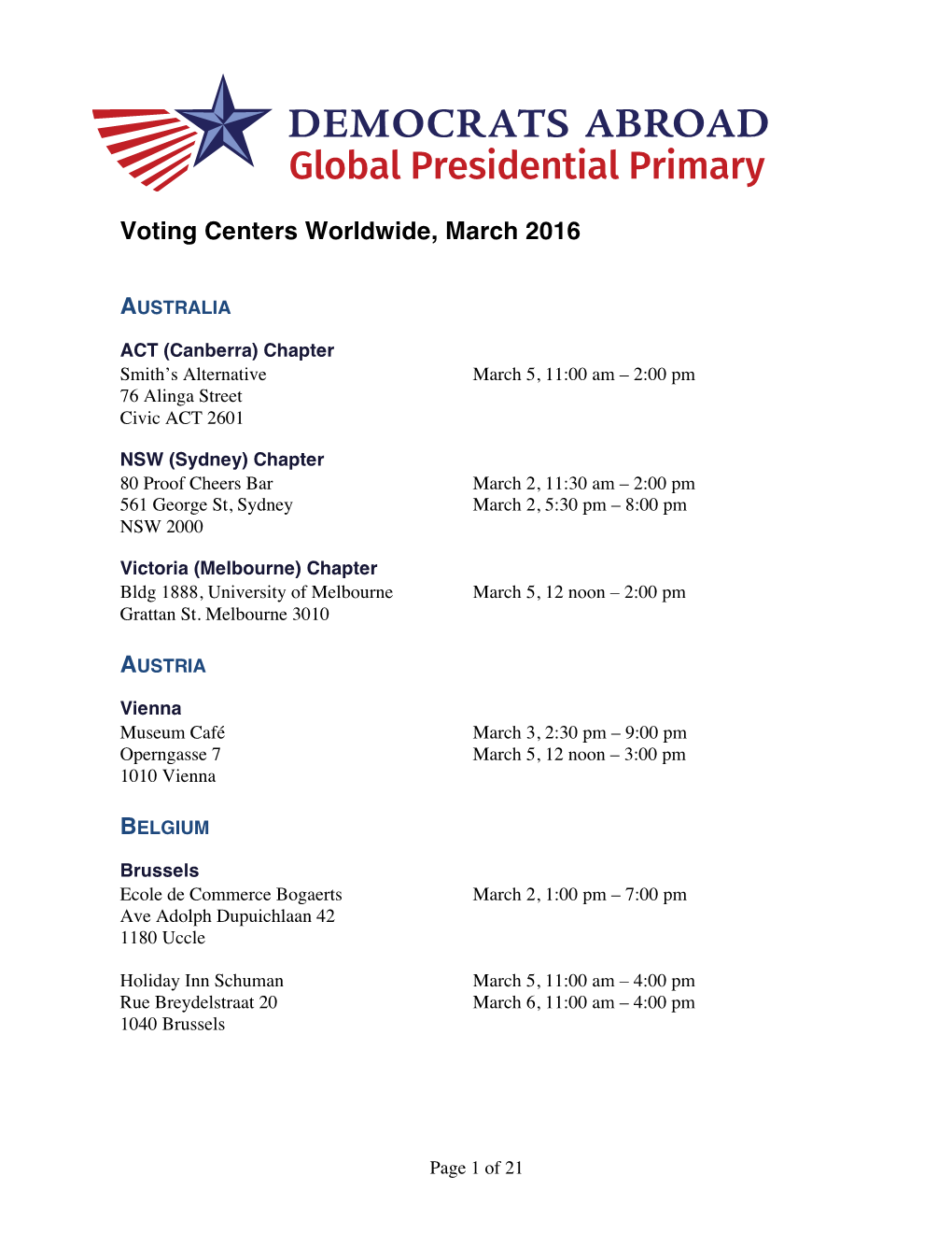 Voting Centers Worldwide, March 2016