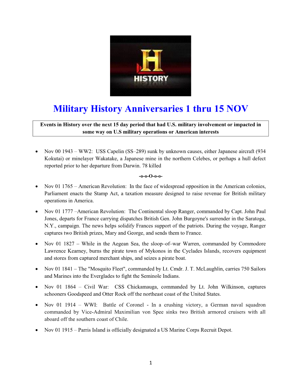 Military History Anniversaries 1101 Thru 111518