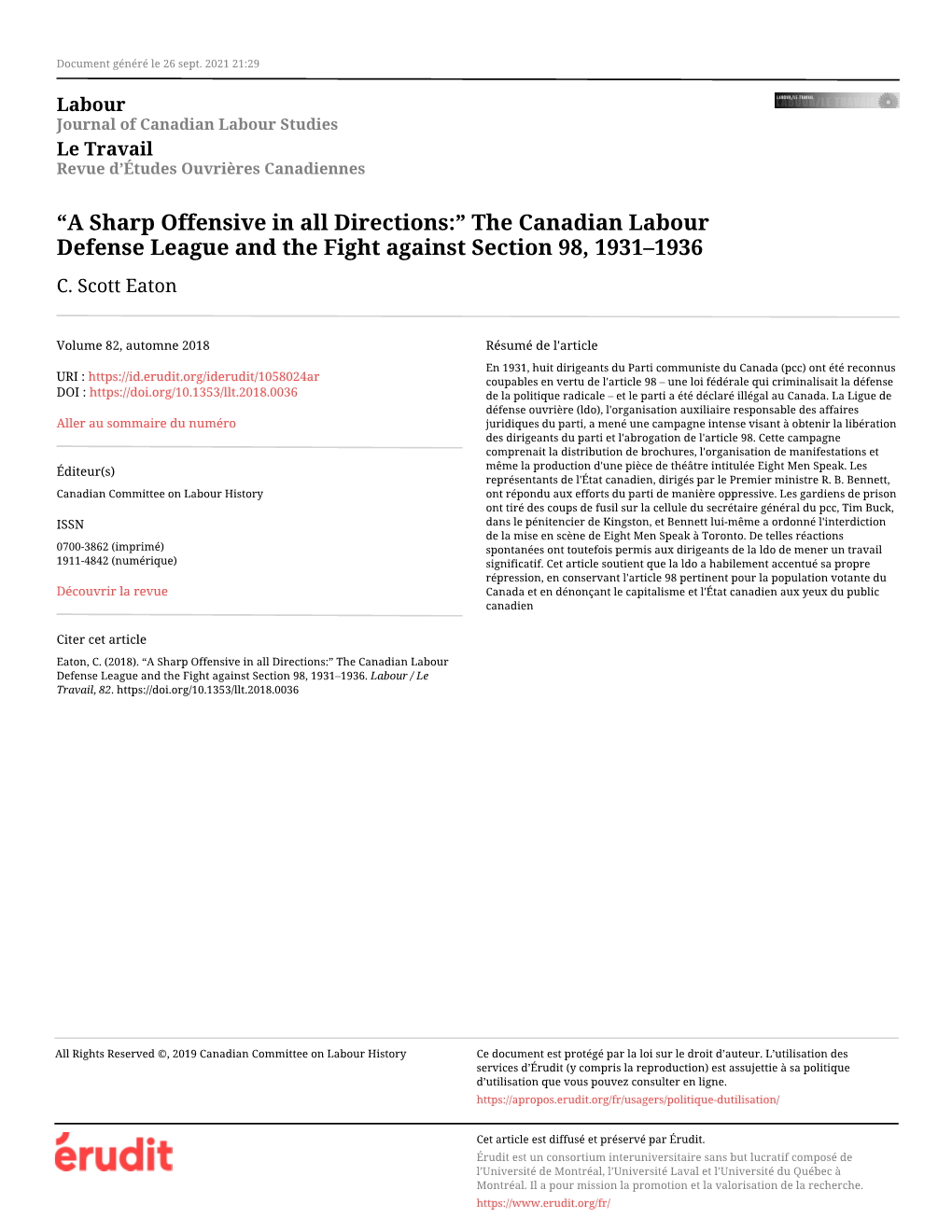 The Canadian Labour Defense League and the Fight Against Section 98, 1931–1936 C