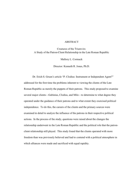 Creatures of the Triumvirs: a Study of the Patron-Client Relationship in the Late Roman Republic