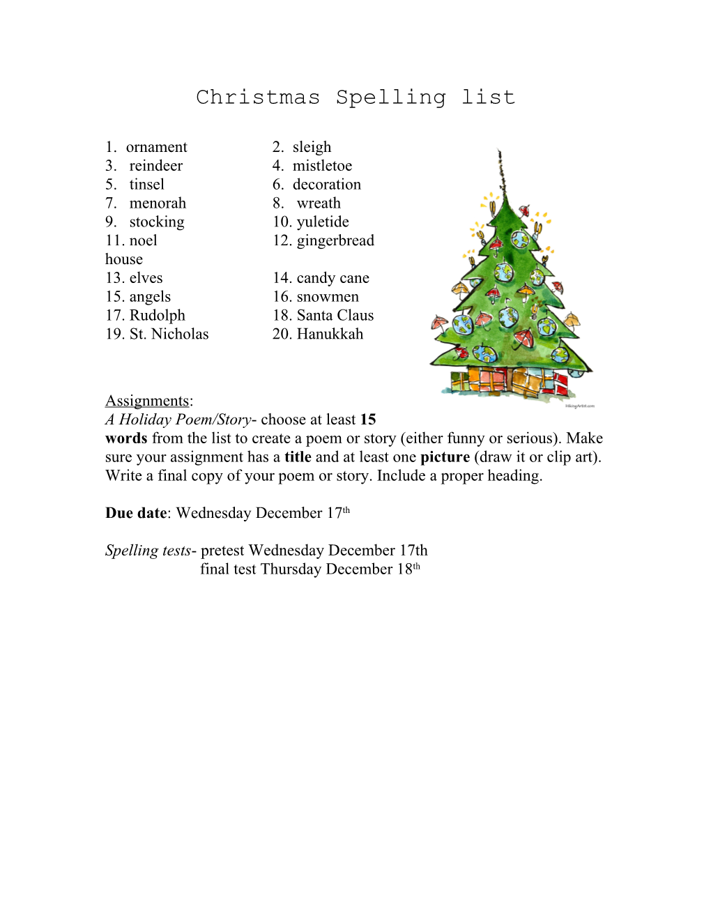 Christmas Spelling List