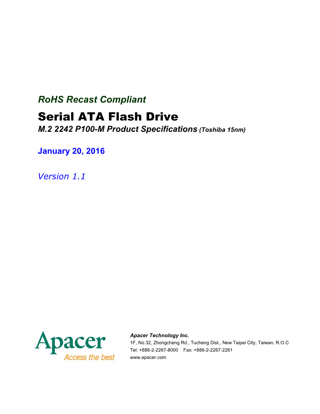 Serial ATA Flash Drive M.2 2242 P100-M Product Specifications (Toshiba 15Nm)