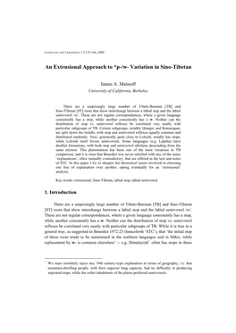 An Extrusional Approach to *P-/W- Variation in Sino-Tibetan