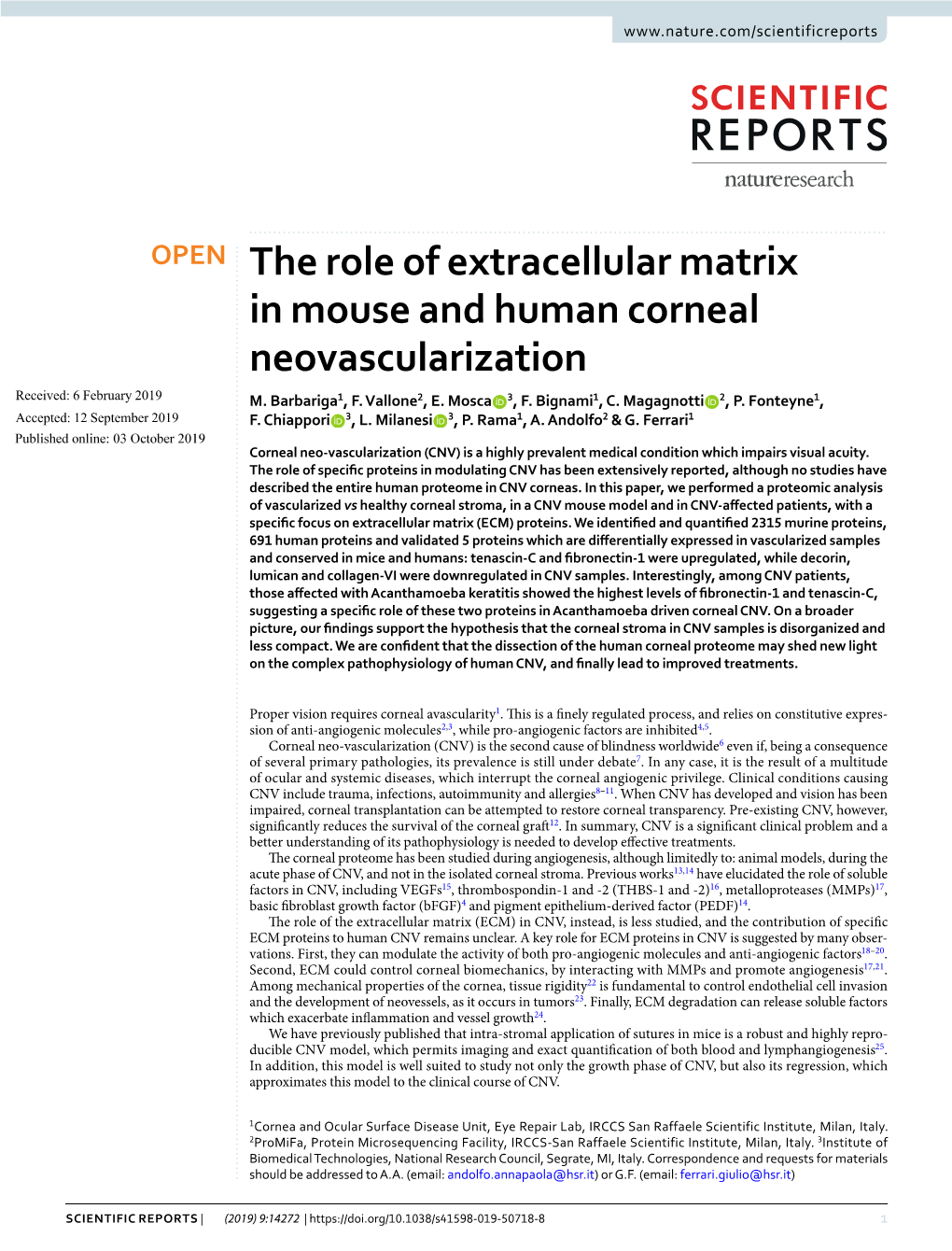 The Role of Extracellular Matrix in Mouse and Human Corneal Neovascularization Received: 6 February 2019 M