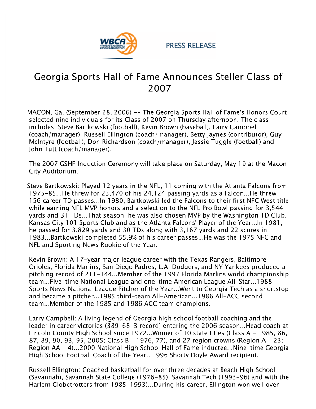 Georgia Sports Hall of Fame Announces Steller Class of 2007