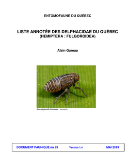 Liste Annotée Des Delphacidae Du Québec (Hemiptera : Fulgoroidea)