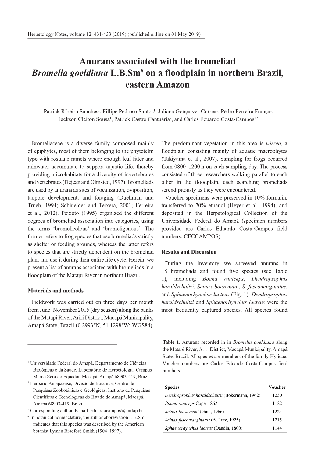 Anurans Associated with the Bromeliad Bromelia Goeldiana L.B.Sm# on a Floodplain in Northern Brazil, Eastern Amazon