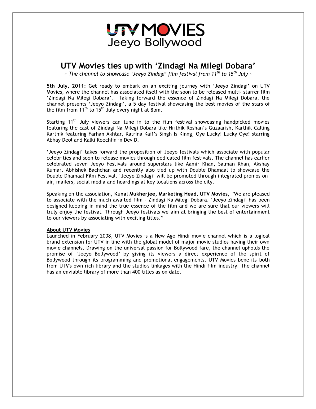 UTV Movies Ties up with 'Zindagi Na Milegi Dobara'