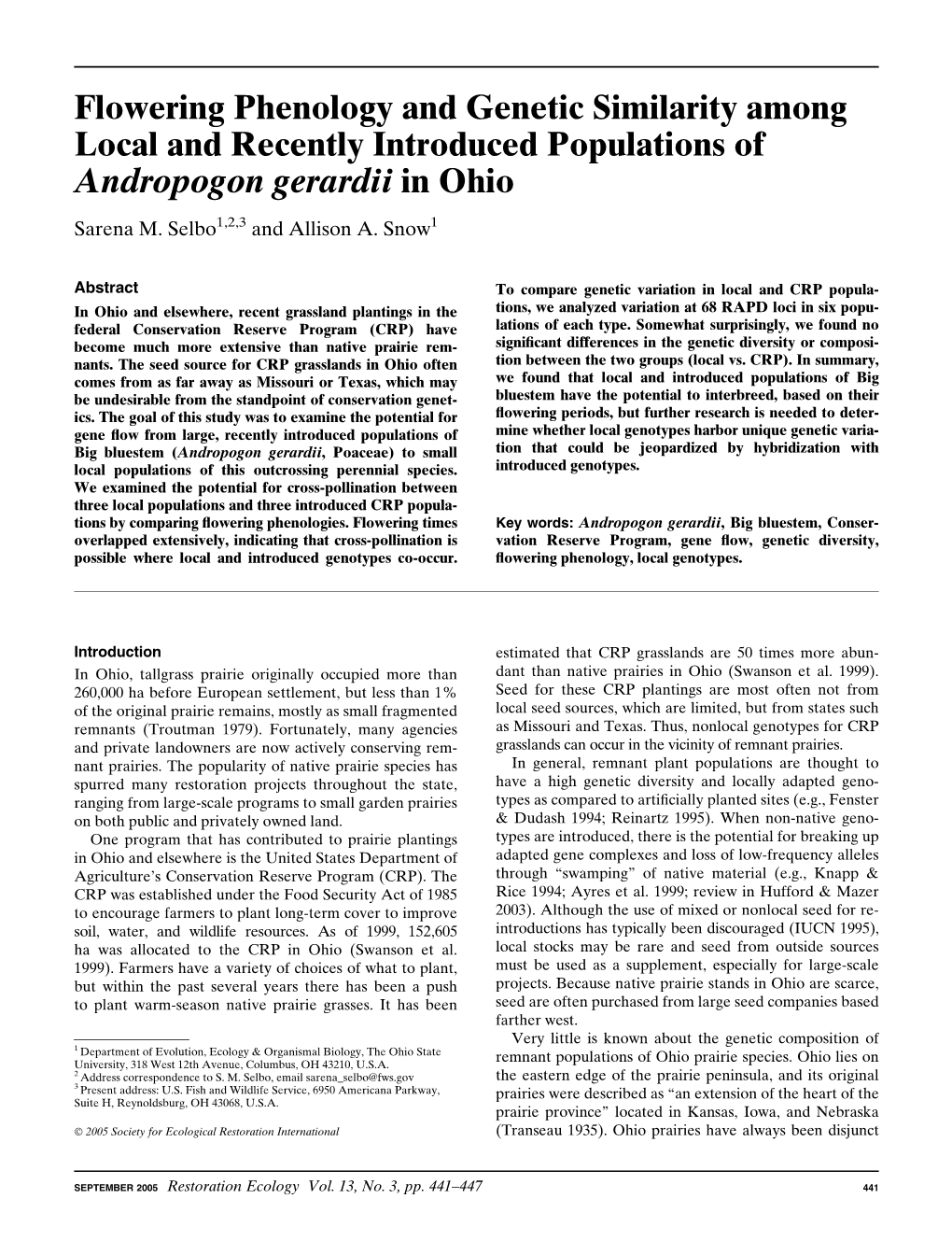 Flowering Phenology and Genetic Similarity Among Local and Recently Introduced Populations of Andropogon Gerardii in Ohio Sarena M