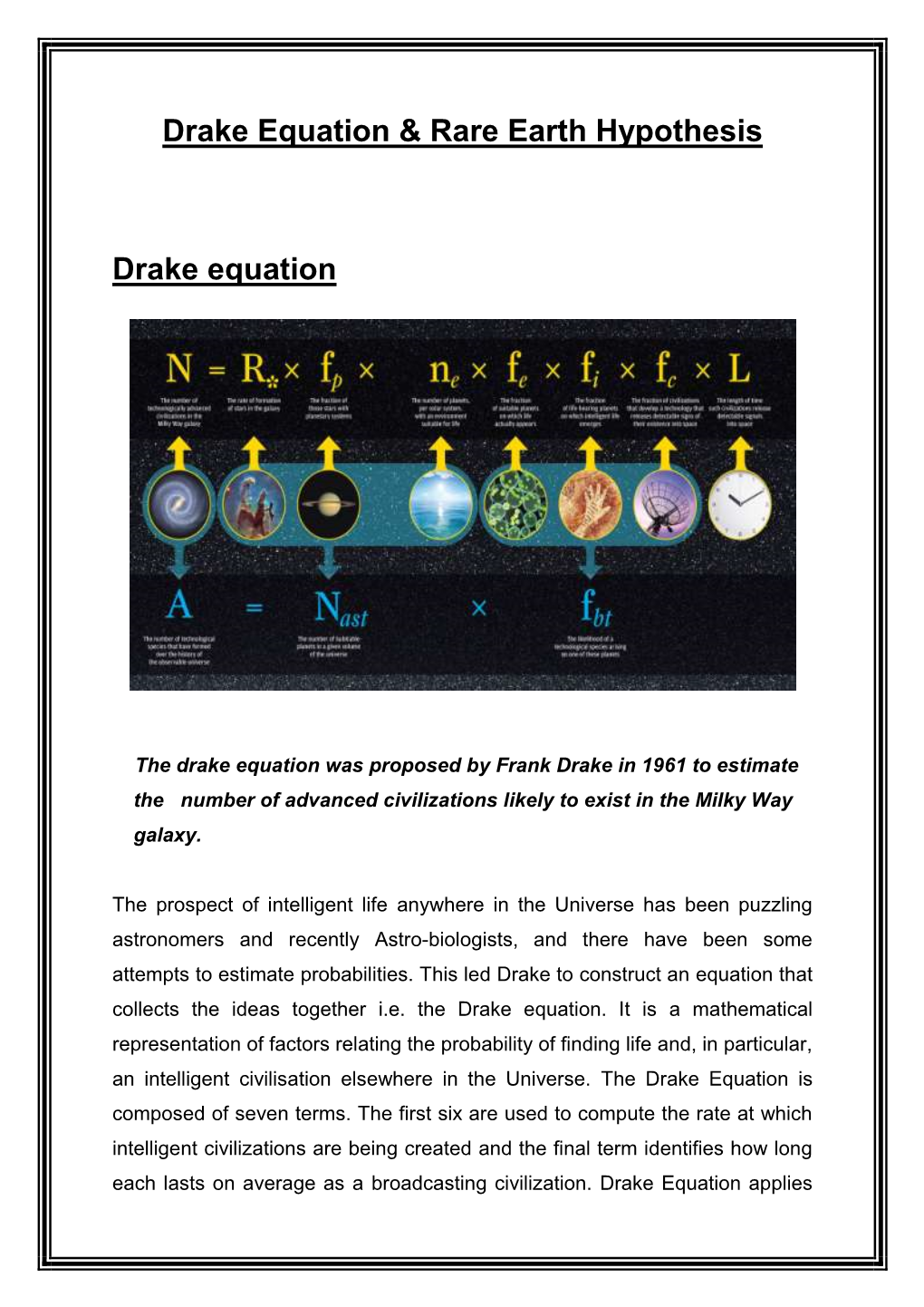 Drake Equation & Rare Earth Hypothesis Drake Equation