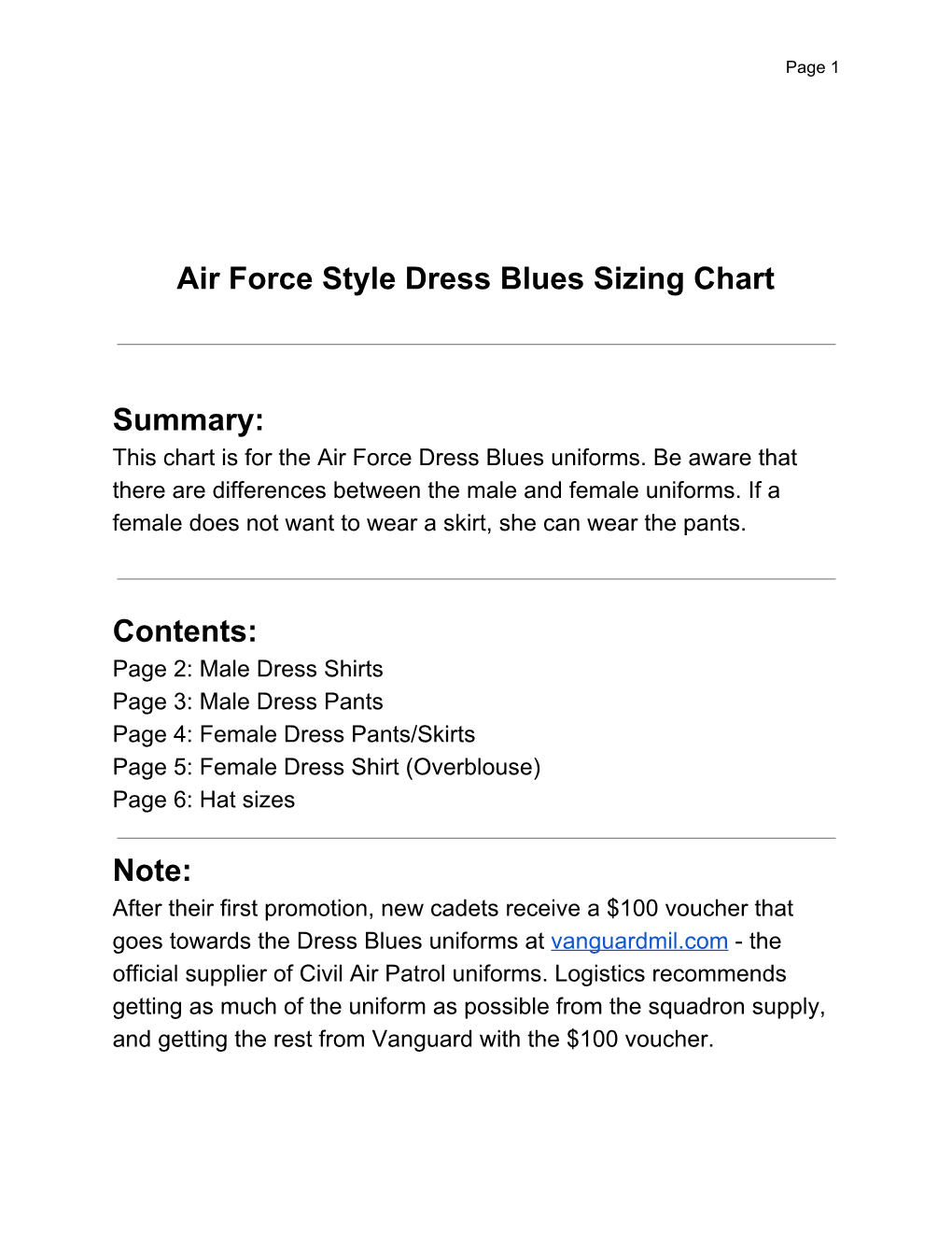 Air Force Style Dress Blues Sizing Chart Summary