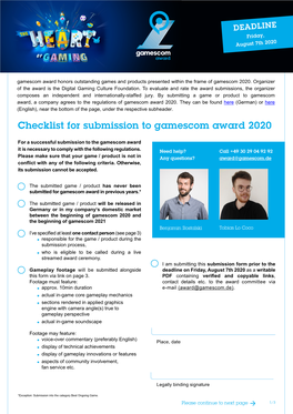 Checklist for Submission to Gamescom Award 2020