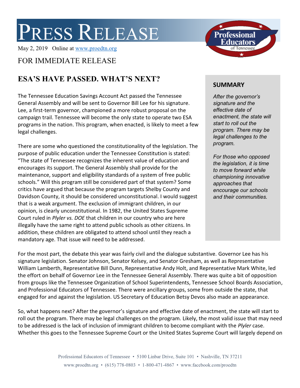 PRESS RELEASE May 2, 2019 Online at for IMMEDIATE RELEASE