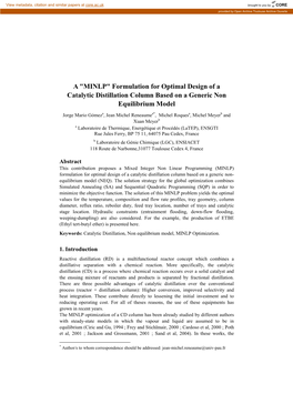 "MINLP" Formulation for Optimal Design of a Catalytic Distillation Column Based on a Generic Non Equilibrium Model