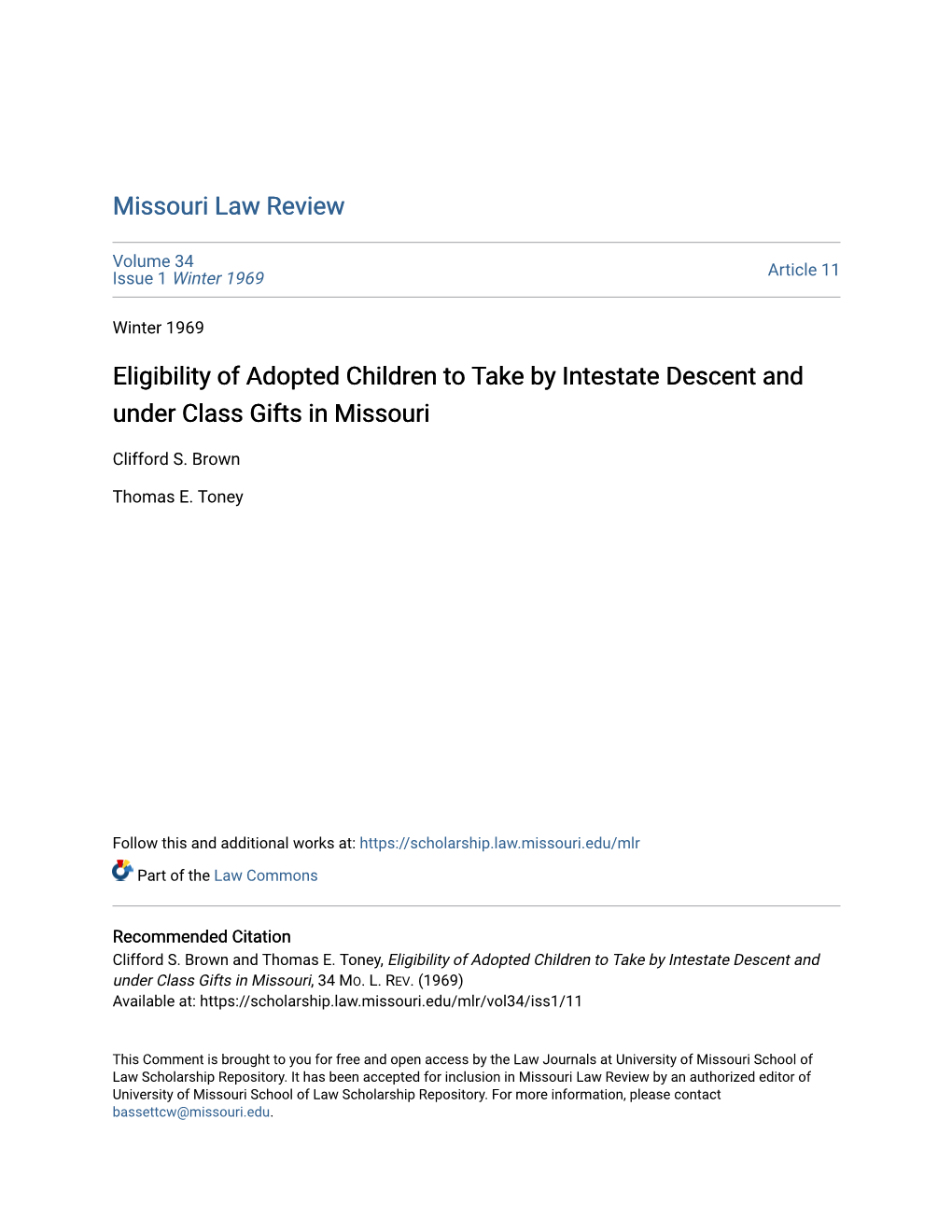 Eligibility of Adopted Children to Take by Intestate Descent and Under Class Gifts in Missouri