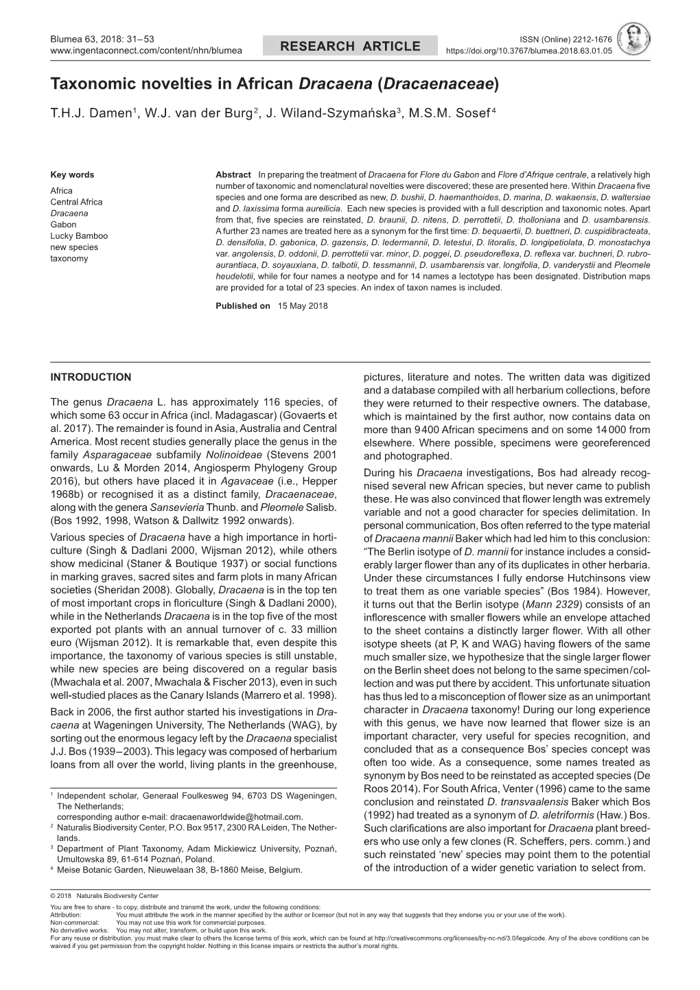 Taxonomic Novelties in African Dracaena (Dracaenaceae)