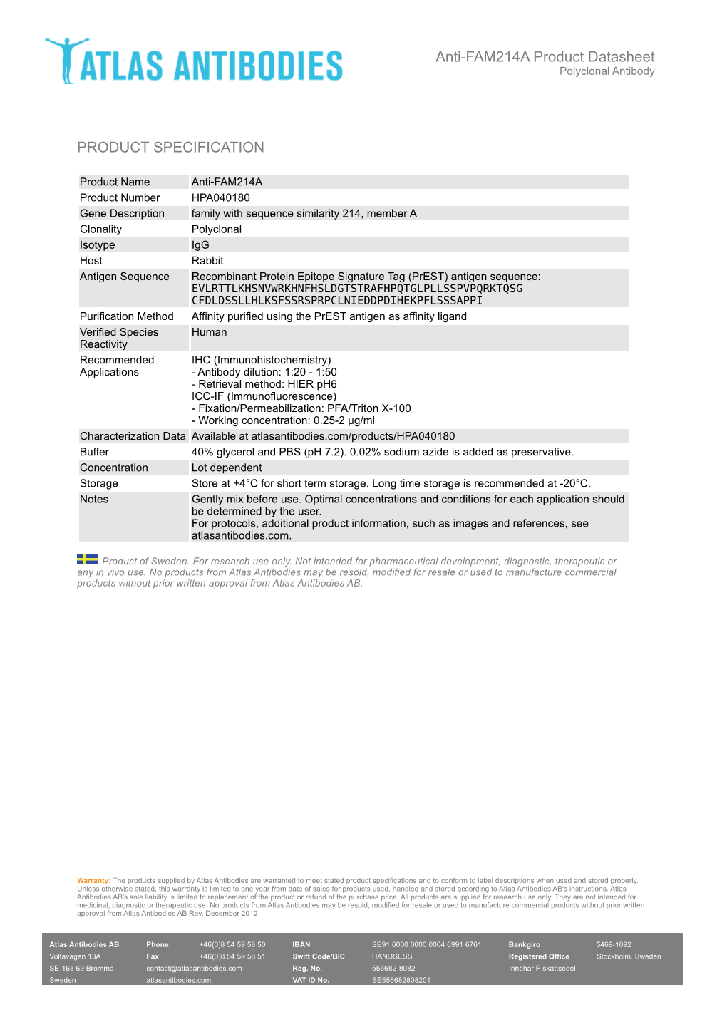 PRODUCT SPECIFICATION Anti-FAM214A