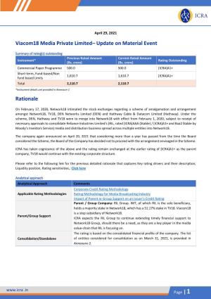 Viacom18 Media Private Limited– Update on Material Event Rationale