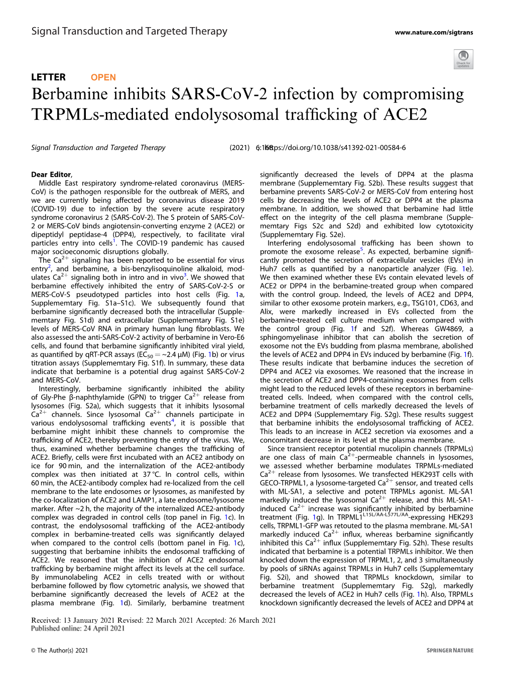 Berbamine Inhibits SARS-Cov-2 Infection by Compromising Trpmls-Mediated Endolysosomal Trafﬁcking of ACE2