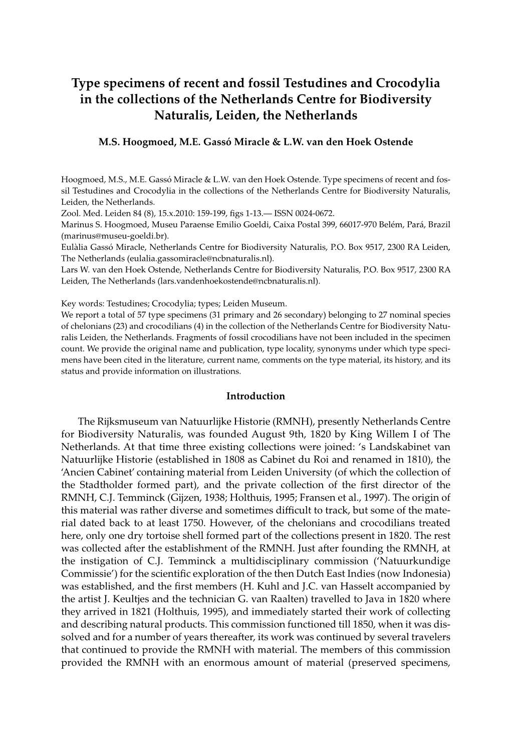 Type Specimens of Recent and Fossil Testudines and Crocodylia in the Collections of the Netherlands Centre for Biodiversity Naturalis, Leiden, the Netherlands