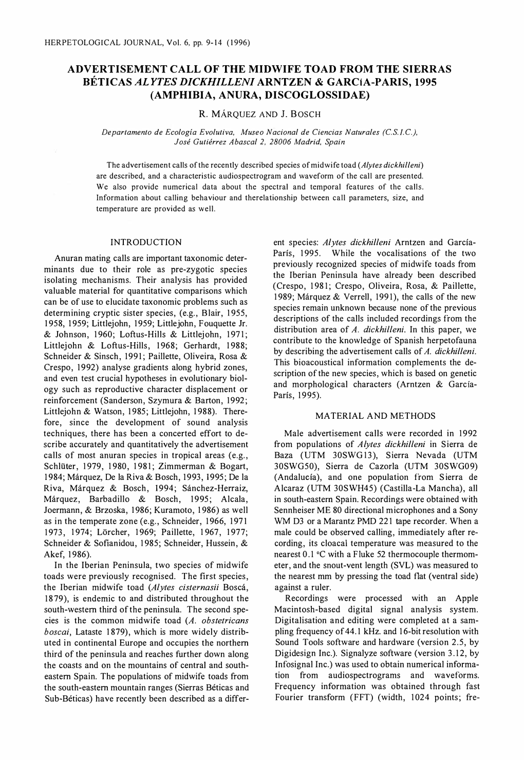 INTRODUCTION Anuran Mating Calls Are Important Taxonomic Deter Minants Due to Their Role As Pre-Zygotic Species Isolating Mech