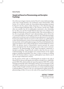 Stumpf and Husserl on Phenomenology and Descriptive Psychology