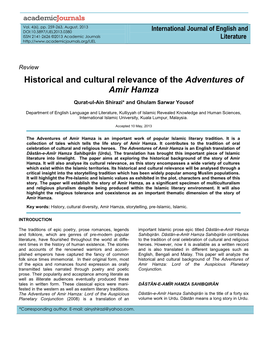 Historical and Cultural Relevance of the Adventures of Amir Hamza