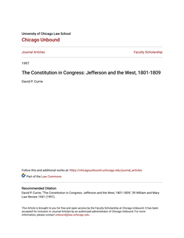 The Constitution in Congress: Jefferson and the West, 1801-1809