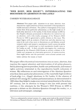 "Her Body, Her Right"?: Interrogating the Discourse on Abortion in Sri Lanka' Carmen Wickramagamage
