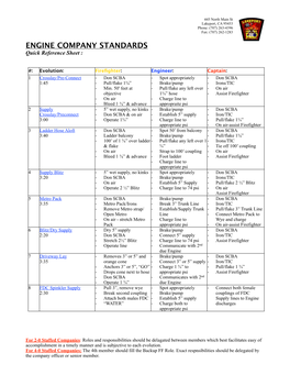 ENGINE COMPANY STANDARDS Quick Reference Sheet