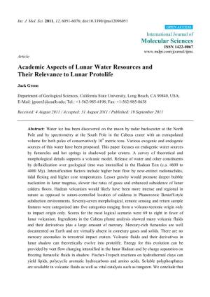 Academic Aspects of Lunar Water Resources and Their Relevance to Lunar Protolife