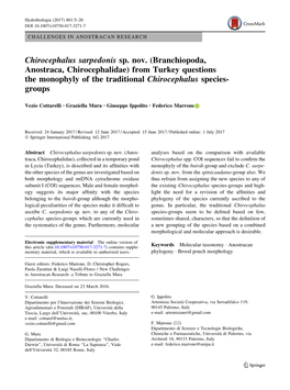 Chirocephalus Sarpedonis Sp. Nov. (Branchiopoda, Anostraca, Chirocephalidae) from Turkey Questions the Monophyly of the Traditional Chirocephalus Species- Groups