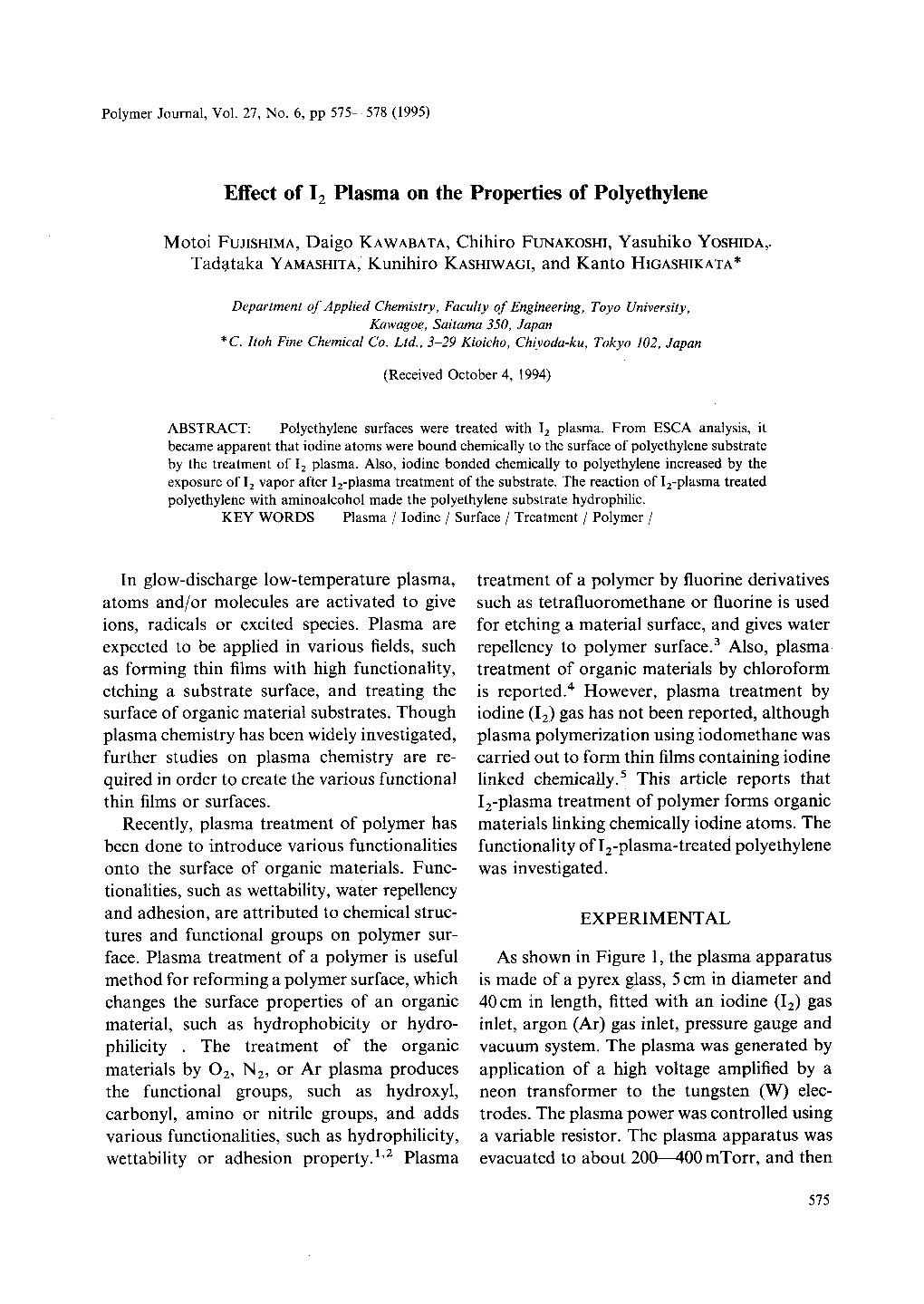 Effect of 12 Plasma on the Properties of Polyethylene