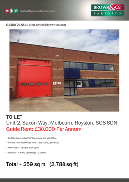 TO LET Unit 2, Saxon Way, Melbourn, Royston, SG8 6DN Guide Rent