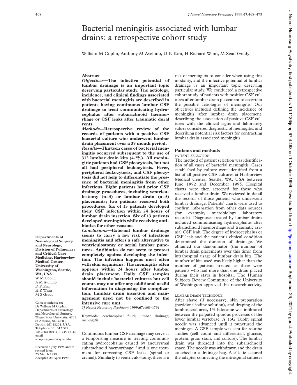 Bacterial Meningitis Associated with Lumbar Drains: a Retrospective Cohort Study