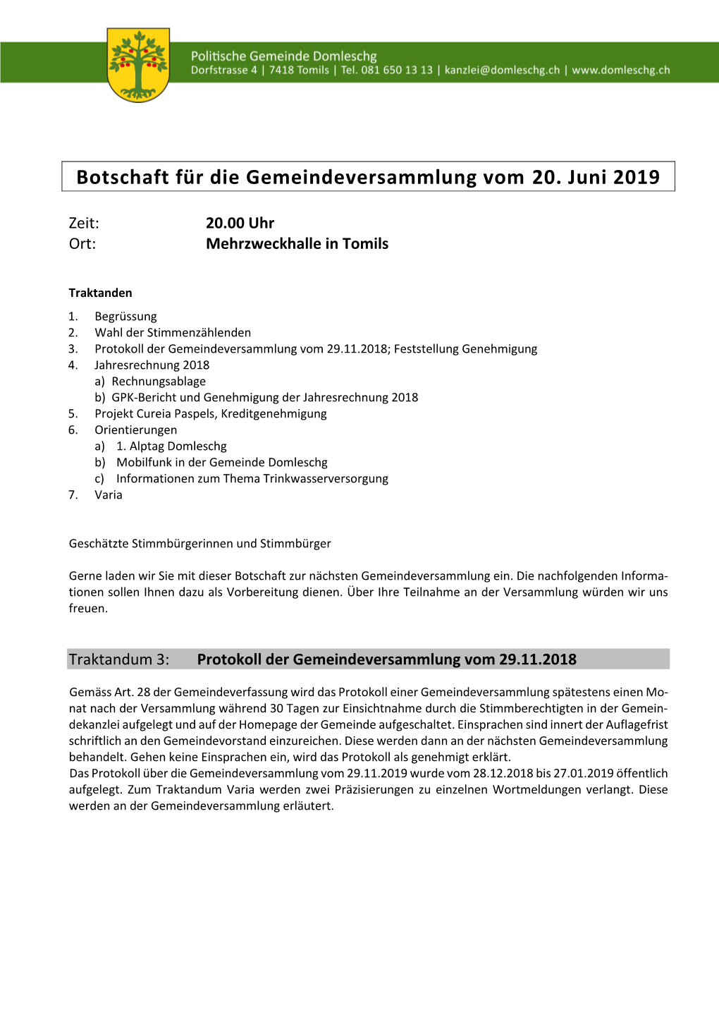 Botschaft Für Die Gemeindeversammlung Vom 20