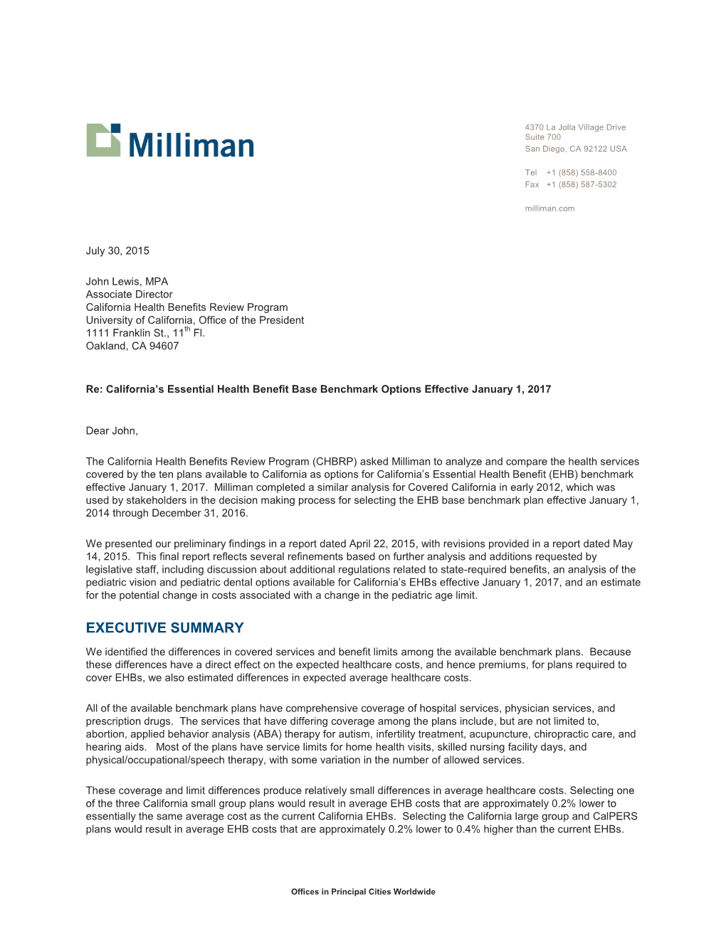 California's EHB Base Benchmark Options