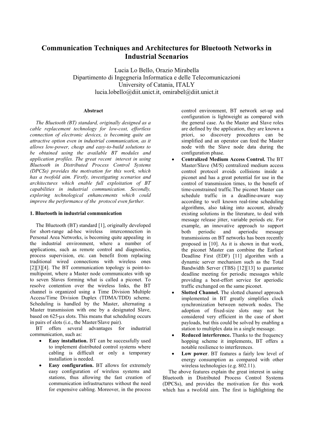 Communication Techniques and Architectures for Bluetooth Networks in Industrial Scenarios