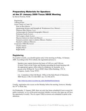 Preparatory Materials for Speakers at the 21 January 2009 Texas SBOE Meeting by Steven Newton, NCSE