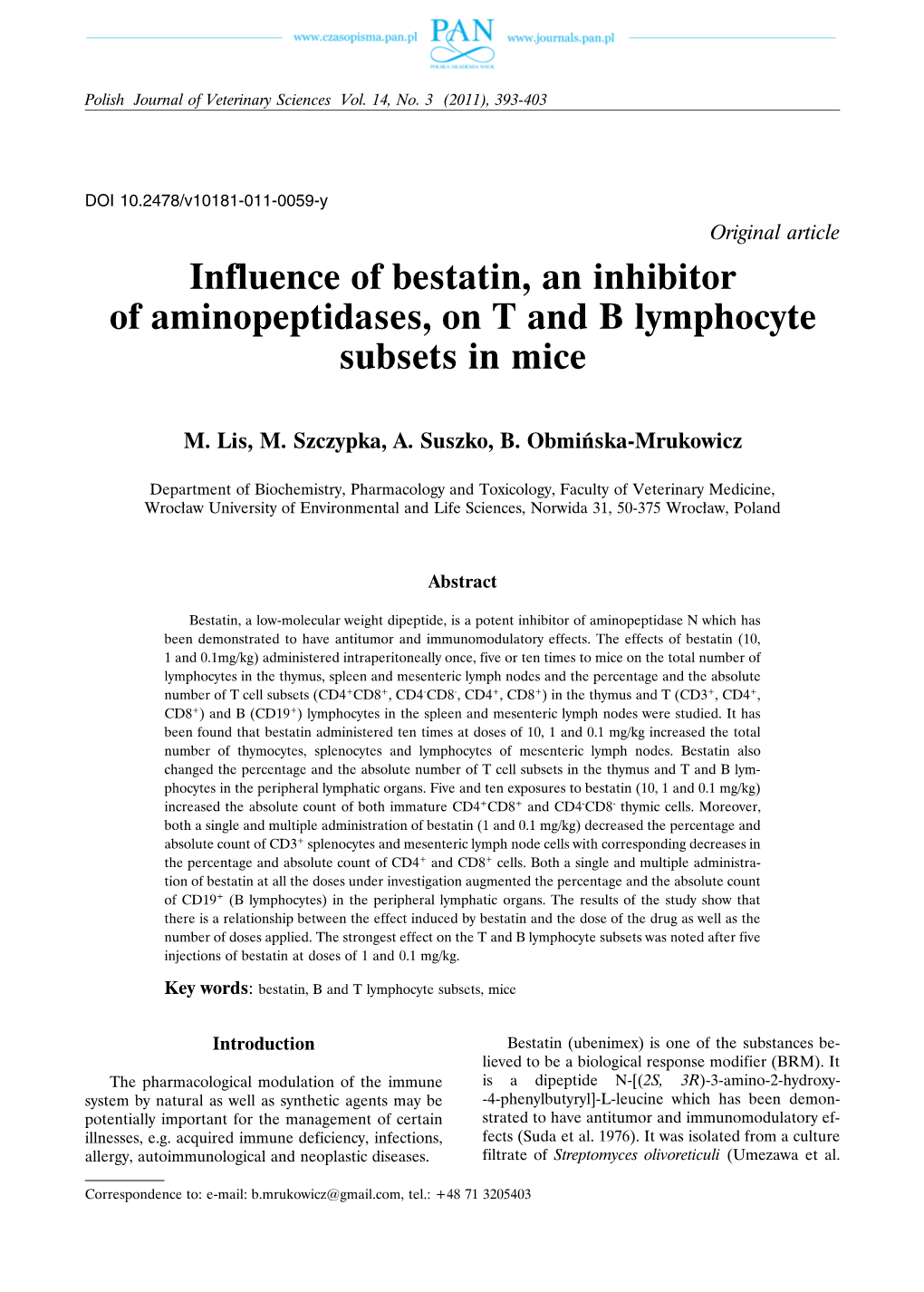 Influence of Bestatin, an Inhibitor of Aminopeptidases, on T and B Lymphocyte Subsets in Mice