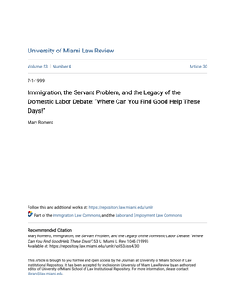 Immigration, the Servant Problem, and the Legacy of the Domestic Labor Debate: "Where Can You Find Good Help These Days!"